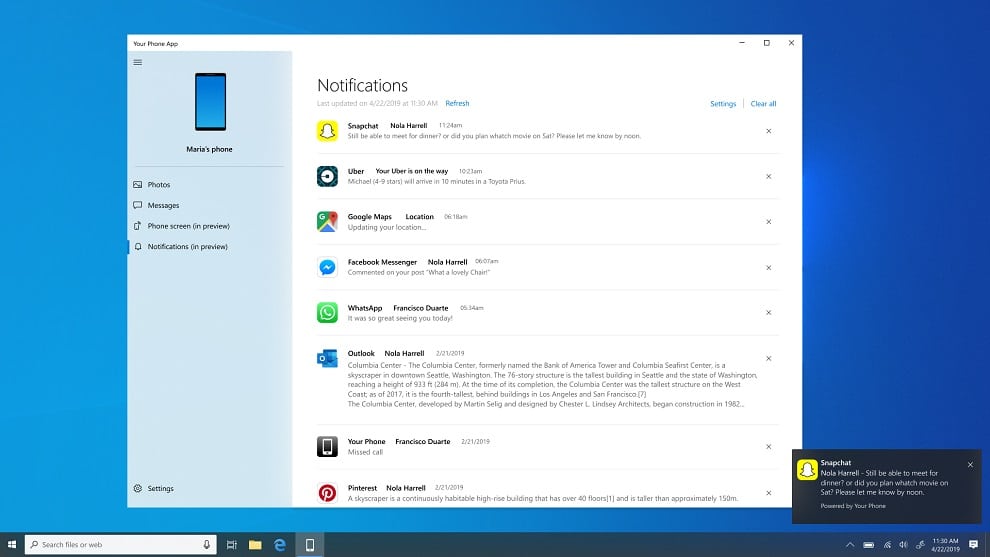 Notifications Android sur Windows 10